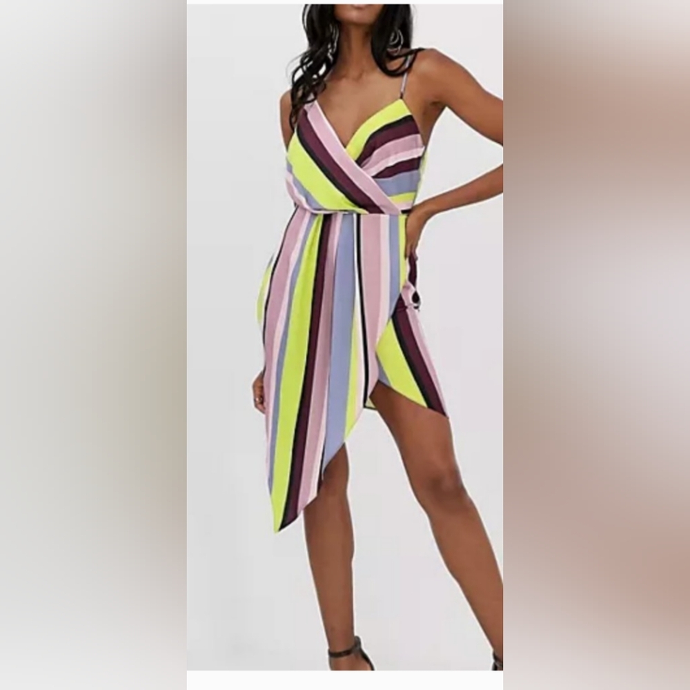ASOS DESIGN satin drape neck midi dress in rainbow stripe